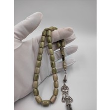 Altuntaş Usta Işçilikli Ayyıldız Motifli  Katalin Kehribar Yeşil Kapsül Kesim Gümüş Kaplaması Püskül Tesbih