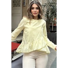 New Laviva Kadın Sarı Önü Fırfırlı, Yuvarlak Yaka, Arkası Uzun Pamuklu Salaş Bluz