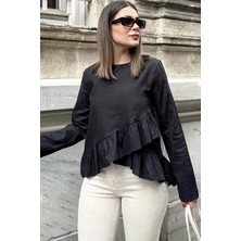 New Laviva Kadın Siyah Önü Fırfırlı, Yuvarlak Yaka, Arkası Uzun Pamuklu Salaş Bluz