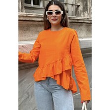 New Laviva Kadın Turuncu Önü Fırfırlı, Yuvarlak Yaka, Arkası Uzun Pamuklu Salaş Bluz
