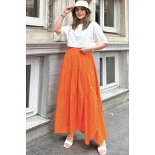New Laviva Kadın Turuncu Asimetrik Kesim, Beli Lastikli, Fırfırlı Kat Kumaş, Uzun Pamuklu Etek
