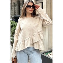 New Laviva Kadın Bej Önü Fırfırlı, Yuvarlak Yaka, Arkası Uzun Pamuklu Salaş Bluz