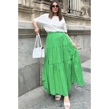 New Laviva Kadın Yeşil Asimetrik Kesim, Beli Lastikli, Fırfırlı Kat Kumaş, Uzun Pamuklu Etek
