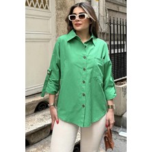 New Laviva Kadın Yeşil Apoletli, Kolları Tokalı, Geniş Cepli, Eteği Oval, Salaş Gömlek