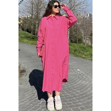 New Laviva Kadın Fuşya Uzun Kol Eteği Oval Kesim Uzun Ve Salaş Poplin Gömlek Elbise