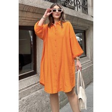 New Laviva Kadın Turuncu Katlamalı Yarım Kol Eteği Oval Kesim Midi Boy Salaş Keten Gömlek Elbise