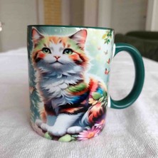 Mugs And Love Renkli Kedi Baskı Büyük Boy Kupa