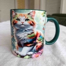 Mugs And Love Renkli Kedi Baskı Büyük Boy Kupa