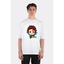 Green Mint  Beyaz Oversize T-Shirt Chibi Tanjiro