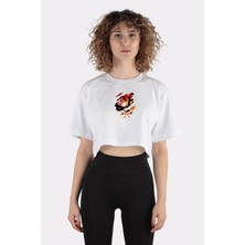 Green Mint Beyaz  Pamuk Bisiklet Yaka Crop T-Shirt Demon Slayer