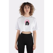 Green Mint Beyaz  Pamuk Bisiklet Yaka Crop T-Shirt Mingo Art