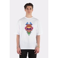Green Mint  Beyaz Oversize T-Shirt Creepy Skull Head Mushrooms