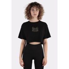 Green Mint Siyah  Pamuk Bisiklet Yaka Crop T-Shirt Book MUSIC_EM1157