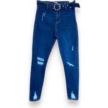 Little Tortoise Taşlı Kemerli Lacivert Renkli Eskitme Detaylı Kız Çocuk Kot Pantolon