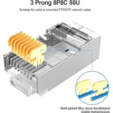 Koodmax 50 Adet - 50U (50 Micron) Gold Plated Cat6 RJ45 Metal Konnektör 8P8C Ethernet Kablo Ucu Jack