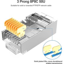 Koodmax 100 Adet - 50U (50 Micron) Gold Plated Cat6 RJ45 Metal Konnektör Ethernet Kablo Ucu Jack Jak