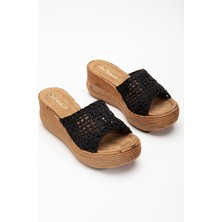 Dilimler Ayakkabı Örme Tekbant Desenli Taban Siyah Kadın Dolgu Taban Terlik