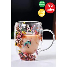 Berdina Home 2li Çift Cidarlı Flower Cup 350ML Çiçekli Bardak Kahve Çay Bardağı El Yapımı Kulplu Cam Bardak Set