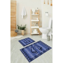 Napoli Home Dijital Baskılı Kaymaz Yıkanabilir Ayak Desen Ikili Banyo Takımı Klozet Takımı, N-Klozet-19-Mavi,