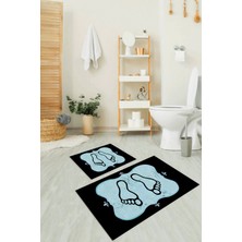 Napoli Home Dijital Baskılı Kaymaz Yıkanabilir Ayak Desen Ikili Banyo Takımı Klozet Takımı, N-Klozet-20-Mavi,