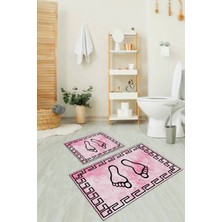 Napoli Home Dijital Baskılı Kaymaz Yıkanabilir Ayak Desen Ikili Banyo Takımı Klozet Takımı, N-Klozet-19-Pembe,