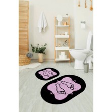 Napoli Home Dijital Baskılı Kaymaz Yıkanabilir Ayak Desen Oval Banyo Takımı Klozet Takımı, N-O-Klozet-20-Pembe,