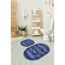 Napoli Home Dijital Baskılı Kaymaz Yıkanabilir Ayak Desen Oval Banyo Takımı Klozet Takımı, N-O-Klozet-19-Mavi,