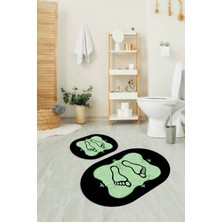 Napoli Home Dijital Baskılı Kaymaz Yıkanabilir Ayak Desen Oval Banyo Takımı Klozet Takımı, N-O-Klozet-20-Yeşil,