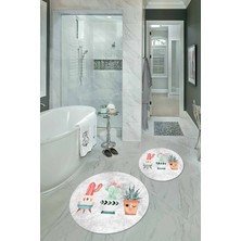 Napoli Home Dijital Baskılı Kaymaz Yıkanabilir Kaktüs Yuvarlak Ikili Banyo Takımı, N-Y-Klozet-24-Gri,
