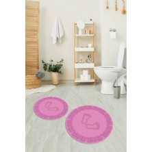 Napoli Home Dijital Baskılı Kaymaz Yıkanabilir Ayak Desen Yuvarlak Ikili Banyo Takımı, N-Y-Klozet-18-Pembe,