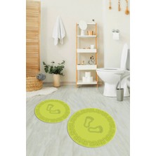 Napoli Home Dijital Baskılı Kaymaz Yıkanabilir Ayak Desen Yuvarlak Ikili Banyo Takımı, N-Y-Klozet-18-Yeşil,