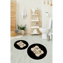 Napoli Home Dijital Baskılı Kaymaz Yıkanabilir Ayak Desen Yuvarlak Ikili Banyo Takımı, N-Y-Klozet-20-Gold,