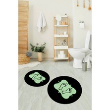 Napoli Home Dijital Baskılı Kaymaz Yıkanabilir Ayak Desen Yuvarlak Ikili Banyo Takımı, N-Y-Klozet-20-Yeşil,