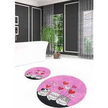 Napoli Home Dijital Baskılı Kaymaz Yıkanabilir Kedi Desen Yuvarlak Ikili Banyo Takımı, N-Y-Klozet-42-Pembe,