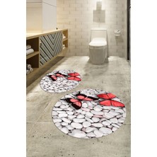 Napoli Home 3D Dijital Baskılı Kaymaz Taban Yıkanabilir Yuvarlak Ikili Banyo Takımı, N-Y-Klozet-45-Kırmızı,