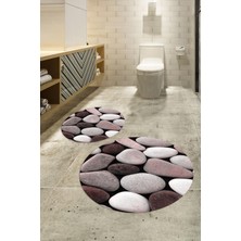 Napoli Home 3D Dijital Baskılı Kaymaz Taban Yıkanabilir Yuvarlak Ikili Banyo Takımı, N-Y-Klozet-46-Pembe,