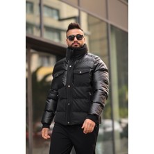 Rhones Dik Yaka Parlak Kumaş Garnili Erkek Şişme Deri Mont