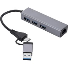 Type-C & 3x USB 3.0 Çiftli Ethernet RJ45 Windows Macos Macbook Uyumlu Çevirici Hub Adaptör