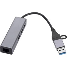 Type-C & 3x USB 3.0 Çiftli Ethernet RJ45 Windows Macos Macbook Uyumlu Çevirici Hub Adaptör