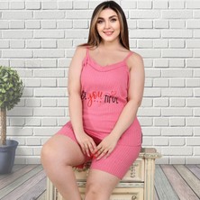 Gülfirik Tasarım Koyu Pembe Renkli Büyük Beden Fitilli Kısa Şortlu %100 Pamuklu Kadın Yazlık Pijama Takımı