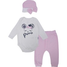 Bebelop Kız Bebek Princess Baskılı Fiyonklu Puanlı Zıbın Body 3'lü Takım