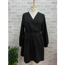 Cof Butik Double Kumaş Kruvaze Yaka Kemerli Elbise Siyah