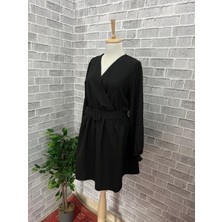 Cof Butik Double Kumaş Kruvaze Yaka Kemerli Elbise Siyah