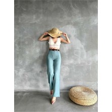 Tane Tasarım Kadın Yazlık Trend Beli Kemerli Keten Pantolon Yüksek Bel Ispanyol Paça