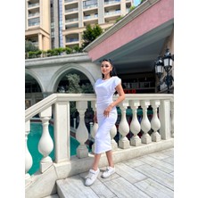 Giyimmasalı Penye Kumaş Omuz Detaylı Büzgülü Kalem Elbise - Beyaz