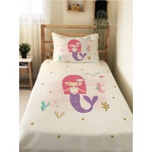 Evmila Deniz Kızı Desenli Bebek ve Çocuk Baskılı Tek Kişilik Pike Takımı 160X230 Beyaz