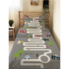 Evmila Yol Desenli Bebek ve Çocuk Baskılı Tek Kişilik Pike Takımı 160X230 Gri