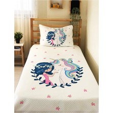 Evmila Prenses ve Unicorn Desenli Bebek ve Çocuk Baskılı Tek Kişilik Pike TAKIMI 160X230 Beyaz