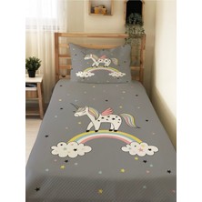 Evmila Gökkuşağı Unicorn Desenli Bebek ve Çocuk Baskılı Tek Kişilik Pike Takımı 160X230 Gri