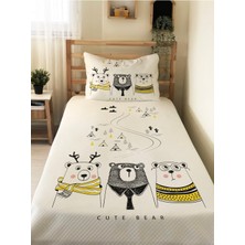 Evmila Ayıcık Desenli Bebek ve Çocuk Baskılı Tek Kişilik Pike Takımı 160X230 Beyaz